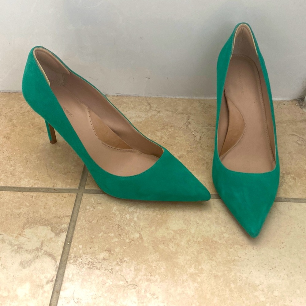 Green suede high heels